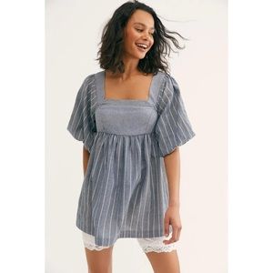 Free People Blue Stripe Gigi Tunic Top Square Neck Puff Sleeve Spring